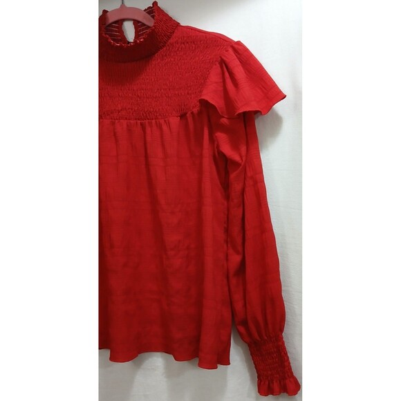 SHEIN Raspberry Red Textured Ruffle Trim High Neck Blouse XS L/S Chic Top LNC - Picture 3 of 7